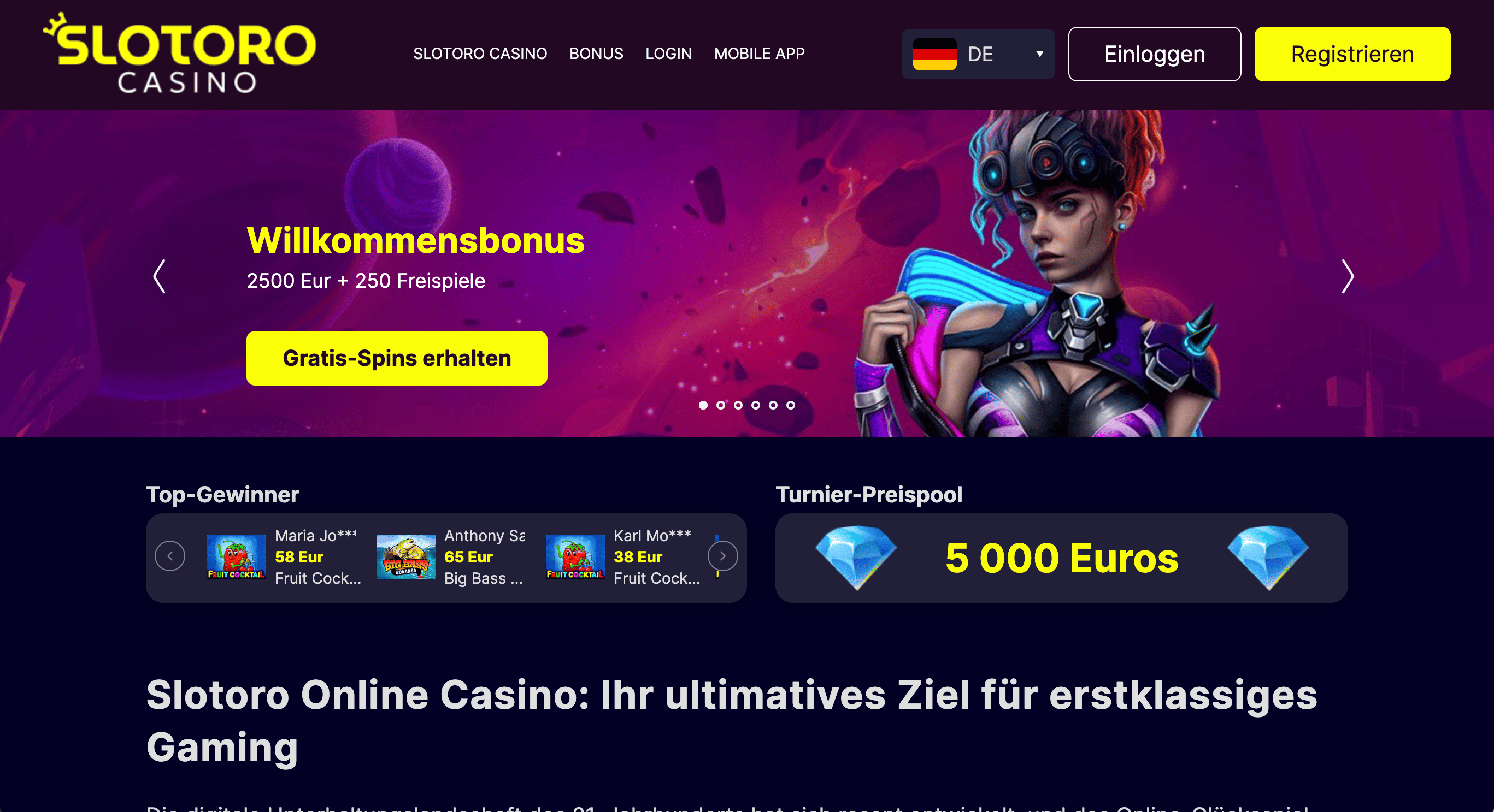 Slotoro Casino – Screenshot der Startseite mit Willkommensbonus 2500 Euro + 250 Freispiele
